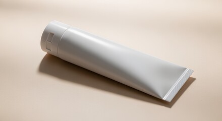A pristine white tube of skincare cream or lotion rests elegantly on a soft beige background, showcasing its minimalist design and clean aesthetic.