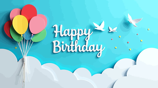 A cheerful "Happy Birthday" greeting featuring colorful paper balloons, whimsical clouds, and flying birds on a bright blue background, ideal for celebrations.