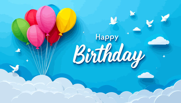 A vibrant paper-cut style illustration celebrating a happy birthday, featuring colorful balloons, white clouds, and cheerful birds against a bright blue sky, perfect for festive greetings.