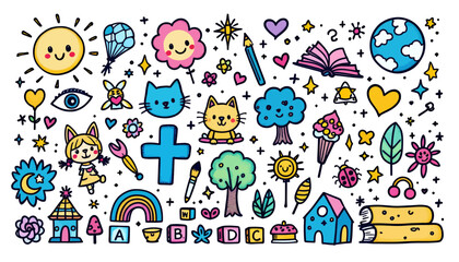 Obraz premium A vibrant collection of cute, hand-drawn doodles featuring whimsical elements like smiling sun, cats, trees, hearts, and birthday treats.