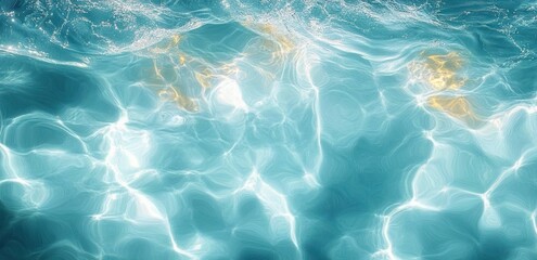 Close-up view of shimmering sunlight reflections on clear turquoise water surface creating dynamic and calming ripple patterns