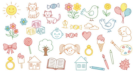 Colorful hand-drawn illustrations perfect for birthday cards, invitations, and carnival decorations, featuring cute animals, sweets, and cheerful words.