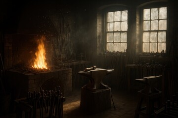 Victorian-era blacksmith workshop with glowing forge and traditional metalworking tools