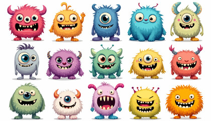 An adorable assortment of happy, smiling, and playful cartoon monsters, each with unique features and bright colors, perfect for children's designs.