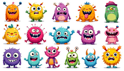 Cute colorful monsters celebrating a happy birthday with confetti, cupcakes, and festive greetings, perfect for children's cards and party invitations.