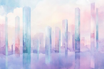 Surreal floating glass towers with iridescent reflections, futuristic cityscape with soft watercolor rendering, dreamy pastel sky. Ethereal and imaginative cityscape with translucent skyscrapers,