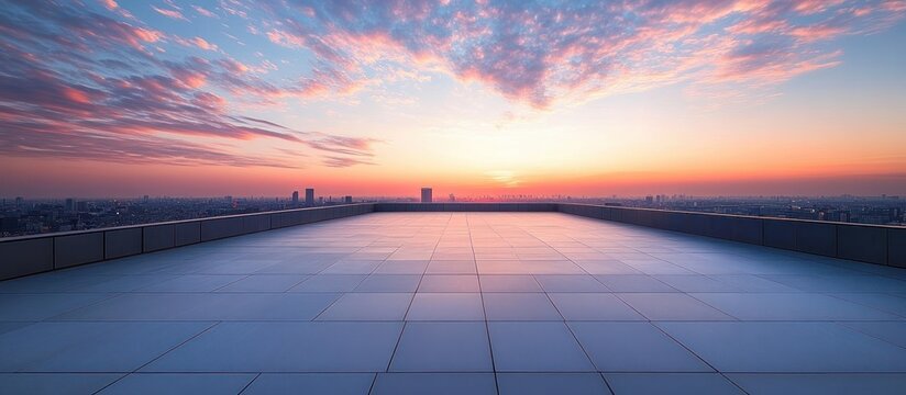 Spacious empty rooftop with tiled floor overlooking cityscape at colorful sunrise with dramatic clouds and soft pastel sky hues