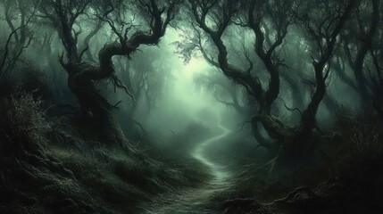 Mysterious winding path through a dense, foggy forest with twisted, ancient trees creating an eerie and haunting atmosphere