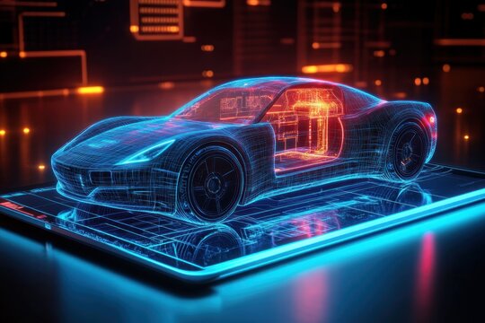 Futuristic glowing digital hologram of a sports car displayed on a tablet with neon blue and orange circuit-like lighting and detailed internal design elements