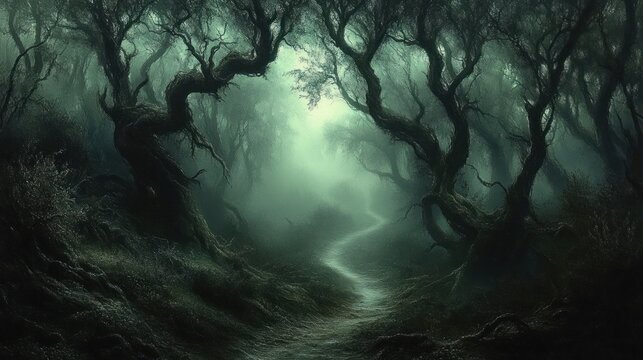 Mysterious winding path through a dense, foggy forest with twisted, ancient trees creating an eerie and haunting atmosphere