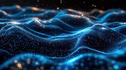 Abstract glowing blue digital wave patterns with sparkling particles creating a dynamic futuristic effect of flowing data or energy under a dark background