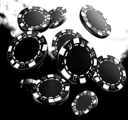 Flying black casino chips with white details in dynamic motion against a dramatic black and white background