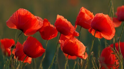 Fototapeta premium Vibrant red poppies glowing under the golden light of a sunset. 