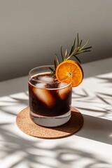 An appealing Orange Americano drink, featuring a base of vibrant orange juice topped with a contrasting dark espresso layer and ice