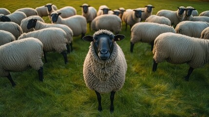 Fototapeta premium Flock of sheep with black faces standing on green grass field staring at the camera on a clear day