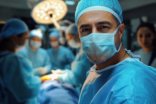 Confident male surgeon wearing a surgical mask and cap looking at camera in an operating room with a blurred surgical team performing an operation in the background