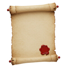 Realistic open parchment scroll with red wax seal isolated isolated on white background	
