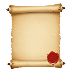 Realistic open parchment scroll with red wax seal isolated isolated on white background	
