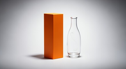 A simple, elegant glass bottle sits beside a vibrant orange box on a minimalist white background, perfect for product photography or design inspiration.