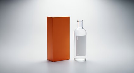 A tall, slender glass bottle with a blank label sits beside a vibrant orange box, ready for product packaging and branding.