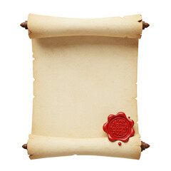 Realistic open parchment scroll with red wax seal isolated isolated on white background	
