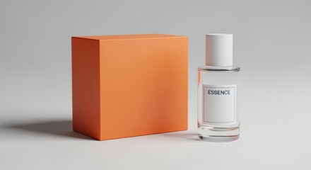 A minimalist perfume bottle with a clean, modern design sits beside its orange box on a neutral background.