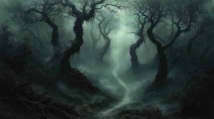A dark, misty forest path winding through ancient, twisted trees with gnarled branches under a gloomy, fog-filled sky, creating an eerie and mysterious atmosphere