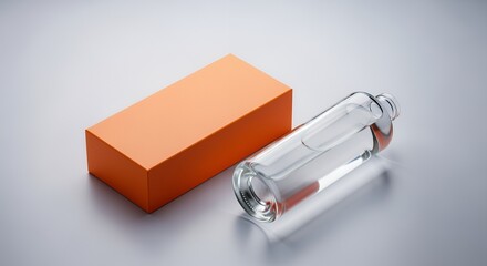 A sleek, clear glass bottle rests beside a vibrant orange rectangular box on a minimalist gray , showcasing a clean and modern product presentation.