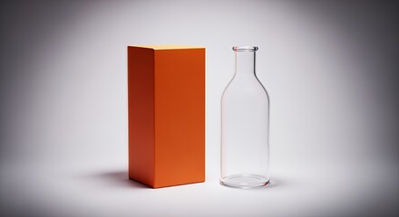 A simple, elegant empty glass bottle sits beside a vibrant orange box on a neutral background, ready for product placement or minimalist design concepts.