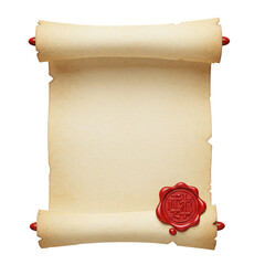 Realistic open parchment scroll with red wax seal isolated isolated on white background	
