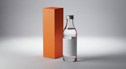 A clear glass bottle with a blank label stands beside a tall orange box on a light gray background.