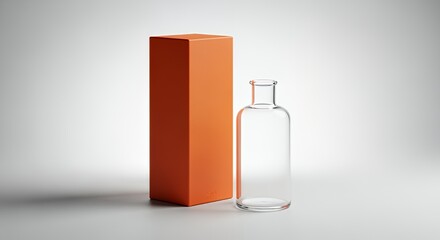 A simple clear glass bottle sits next to a tall, rectangular orange box on a minimalist white background, creating a clean and modern product display.