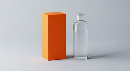 A simple, elegant glass bottle sits beside a vibrant orange box, perfect for minimalist product displays or packaging design inspiration.