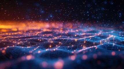 Fototapeta premium Abstract digital landscape featuring glowing blue and orange light networks resembling a futuristic grid with sparkling points of light creating a dynamic, vibrant atmosphere