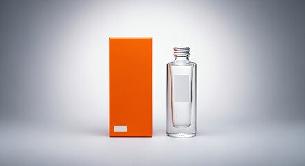 A sleek, clear glass bottle with a minimalist label sits beside a vibrant orange box, both against a neutral gray background.