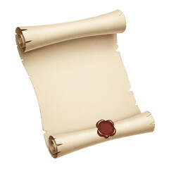 Realistic open parchment scroll with red wax seal isolated isolated on white background	
