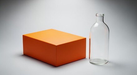 A simple orange box sits beside a clear glass bottle on a light gray , suggesting packaging or product display.