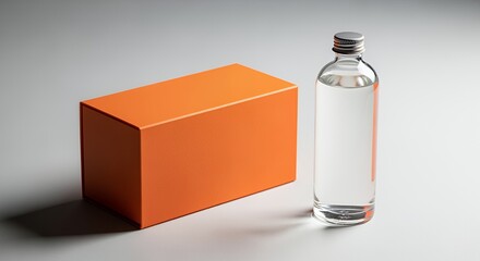 A sleek glass bottle of clear liquid sits beside a vibrant orange rectangular box on a neutral background, ready for product display.