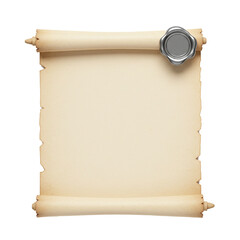 Realistic open parchment scroll with silver wax seal isolated isolated on white background	
