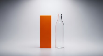A tall, clear glass bottle sits next to a vibrant orange box on a minimalist white background, ready for product display or packaging design inspiration.