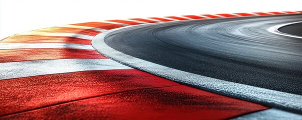 Close-up view of a smooth asphalt racing track with red and white striped curbing on a sharp corner under bright lighting, evoking speed and precision
