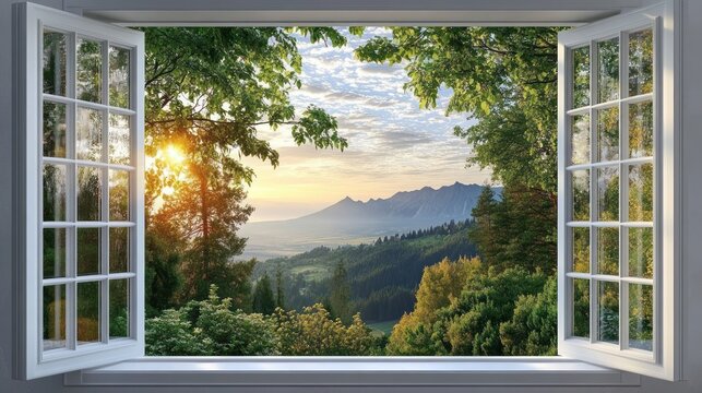 Fototapeta Scenic view through open white window frame overlooking lush green trees, rolling hills, distant mountain range under a partly cloudy sunrise sky