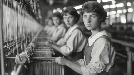 Young female workers operating textile machinery in a factory with focused and serious expressions in a historical black and white setting