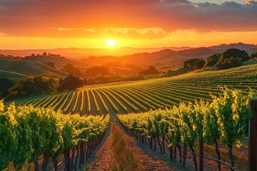 Fototapeta premium Sunset over a lush vineyard with rows of grapevines stretching across rolling hills under a vibrant orange sky