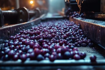 Close-up view of ripe dark purple grapes being processed on a conveyor belt in a dimly lit industrial setting, conveying a sense of production and careful handling