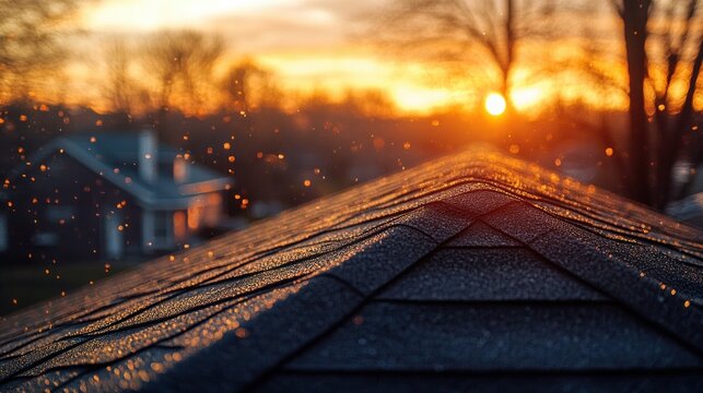 Close-up of a rooftop at sunrise with dewdrops sparkling in the warm morning light, a soft glowing sun and blurred trees and house in the background create a peaceful atmosphere