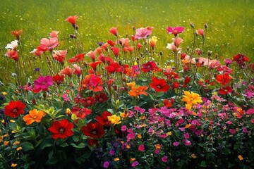 Fototapeta premium vibrant colorful wildflowers blooming in a lush green meadow under sunlight, creating a lively and cheerful spring atmosphere