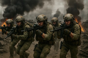 Fototapeta premium Elite military unit advancing through urban combat zone with tactical equipment and modern warfare technology