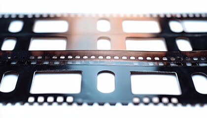 Close-up of several strips of blank photographic film lying parallel on a white surface, showcasing empty frames and perforated edges with bright diffused light