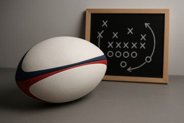 Rugby ball with tactical game plan drawn on chalkboard, strategy concept for team sports planning and competition analysis